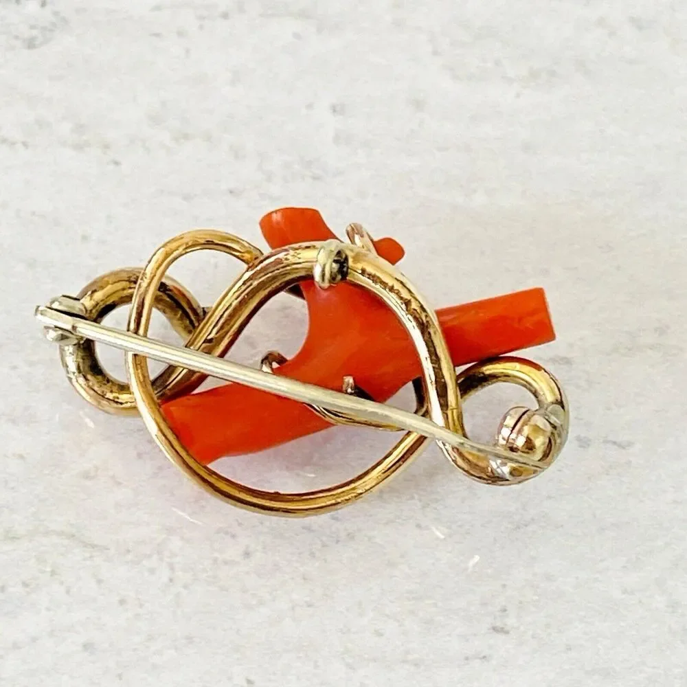 Antique Victorian Coral Branch Brooch In Gold Filled Snake Form Nice 1.5